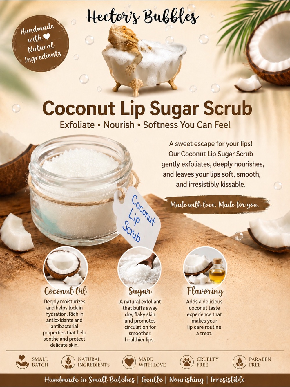 Coconut Lip Scrub, Handcrafted